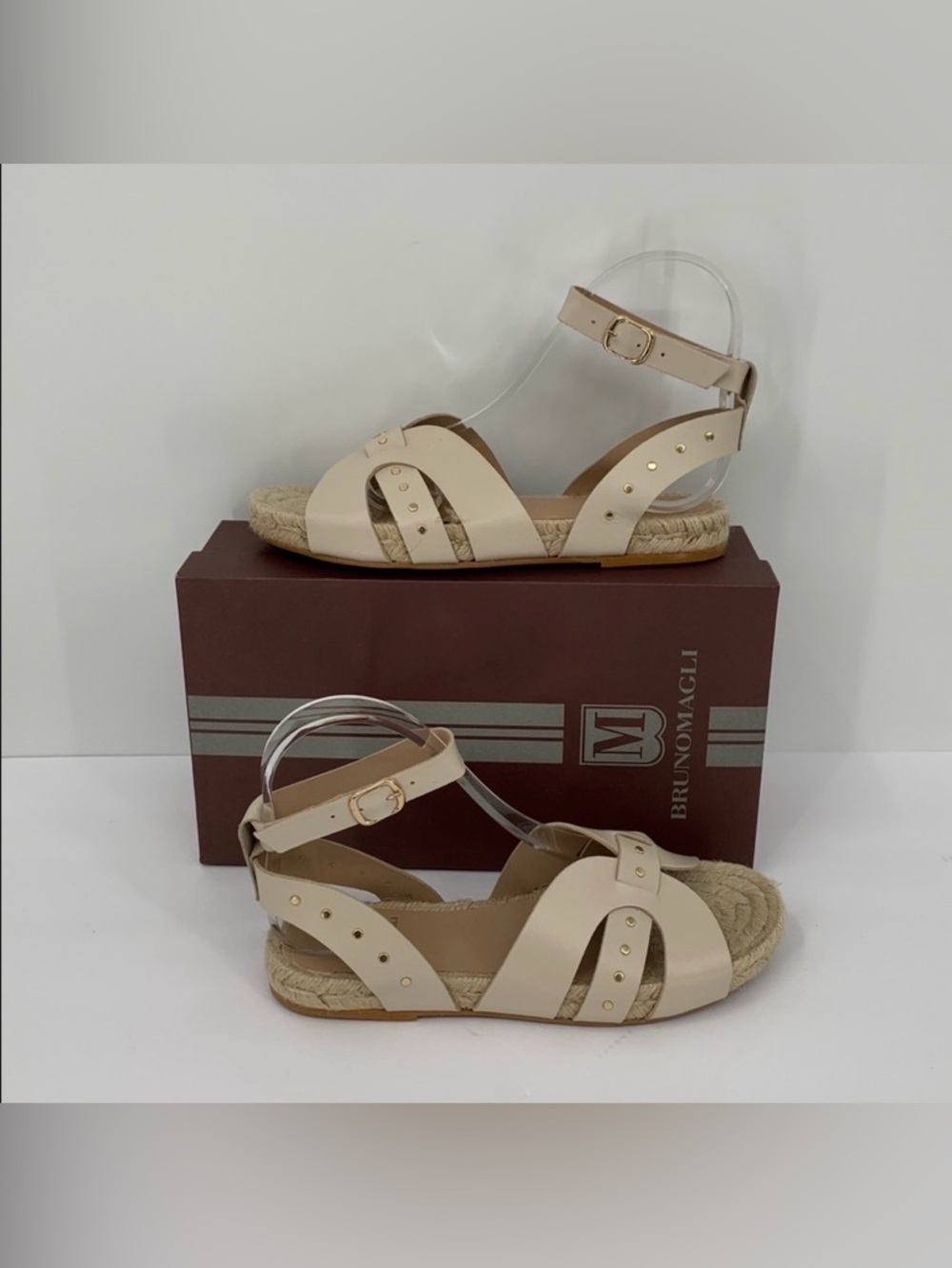 Bruno Magli Perla Espadrille flat sandal shoe cream studded ankle strap new 7